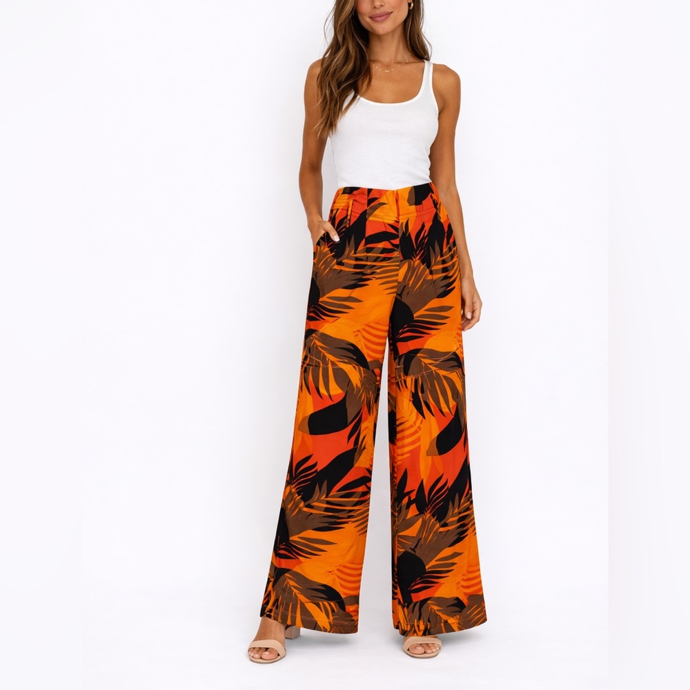 Anthropologie dRA Paradisas Tropical Print Wide Leg Pants Orange Black Brown